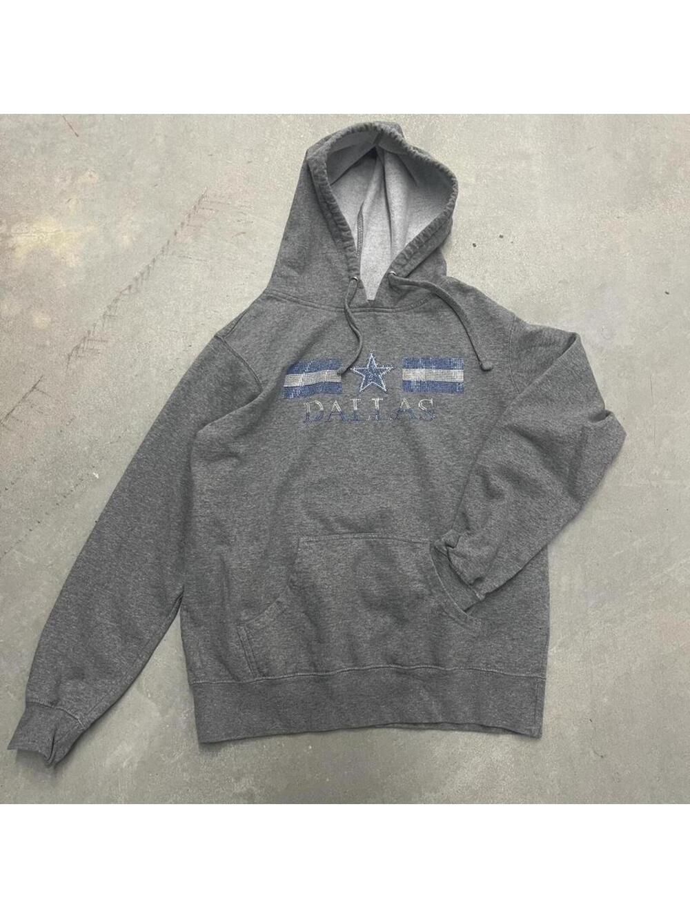 Y2K Dallas Cowboys Rhinestone Gray Pullover Hoodie Women’s NFL Sweatshirt M